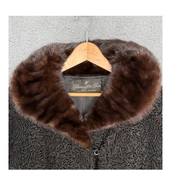 Women’s Black Persian Lamb Coat w Brown Mink Collar Flemington Furs Medium - Picture 3 of 12